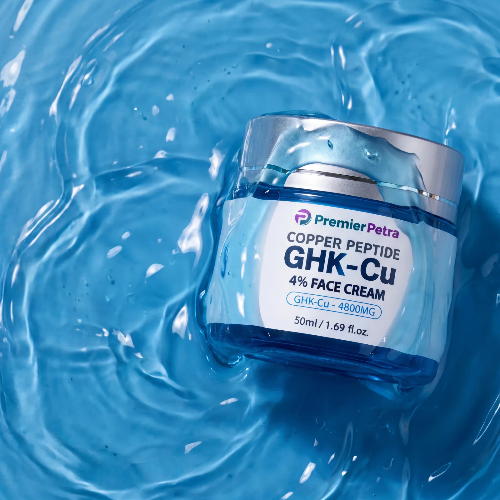 GHK-Cu face cream jar in rippling water