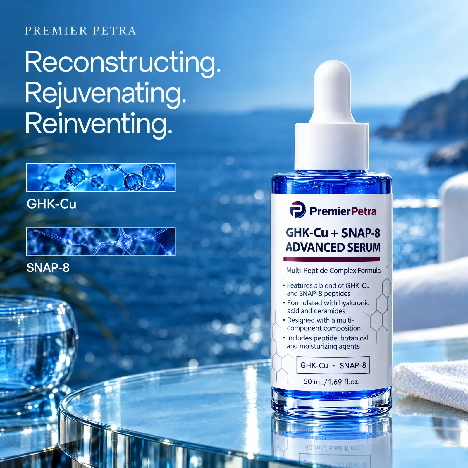 GHK-Cu + SNAP-8 Advanced Serum on a coastal rock